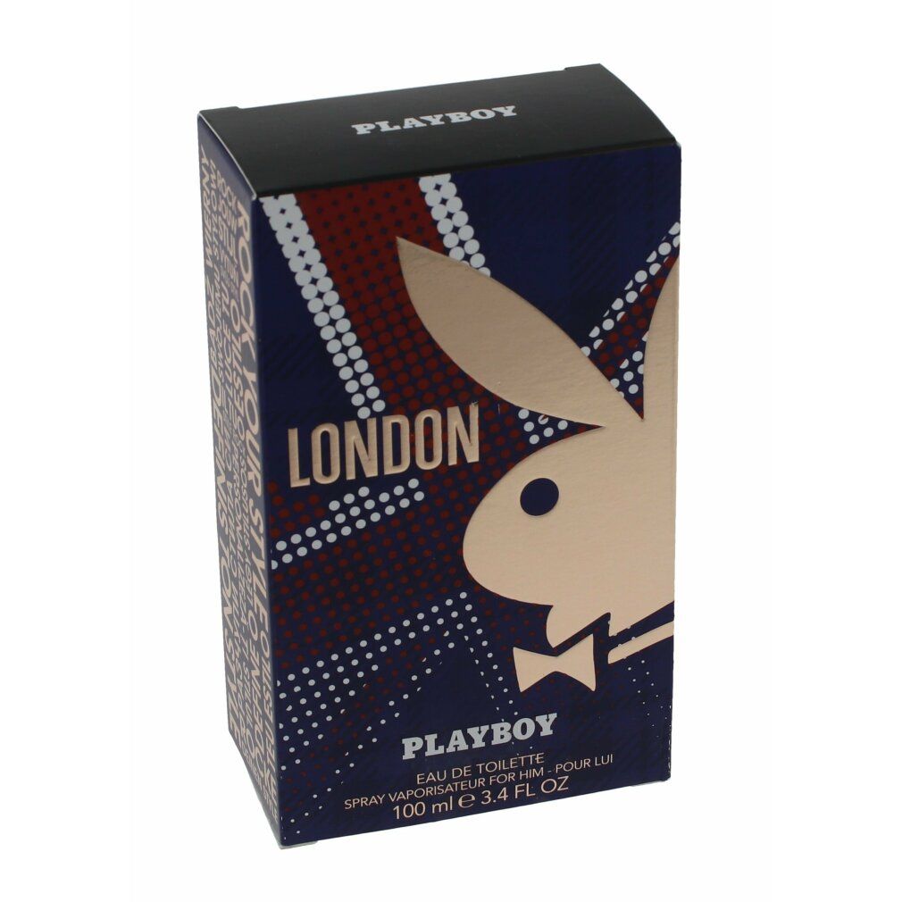 Playboy London Eau de Toilette Spray-Verpackung. Rechteckige Schachtel mit Union Jack-Design und Playboy-Logo. Schwarzer Deckel.