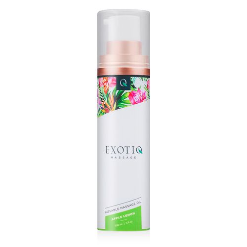 Massageolie fles met bloemen design, witte achtergrond. Opschrift: Exotiq Massage, Apple Lemon.