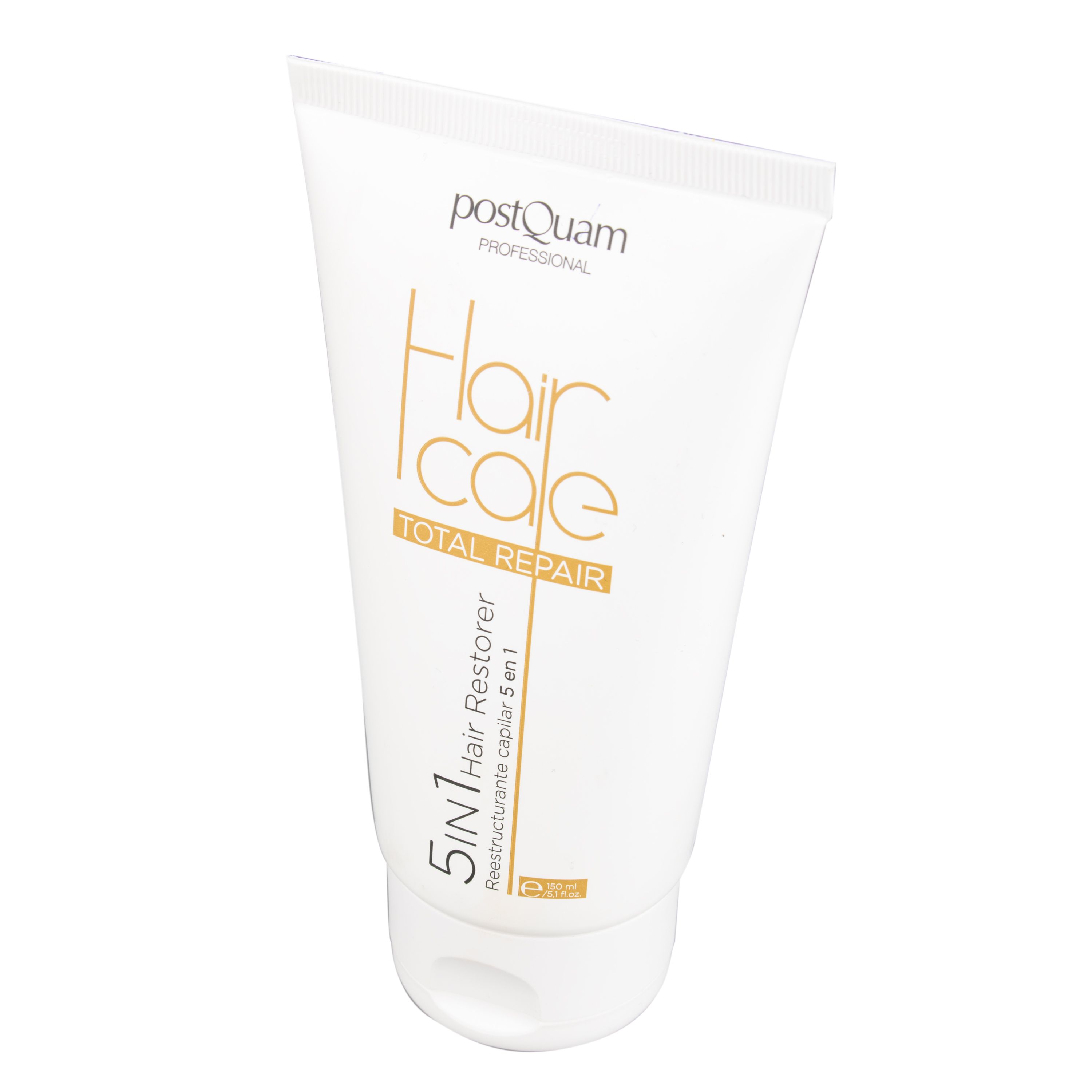 Weiße Tube mit goldfarbenem Aufdruck. Text: Hair Care Total Repair, 5 in 1 Hair Restorer. Marke: Postquam.