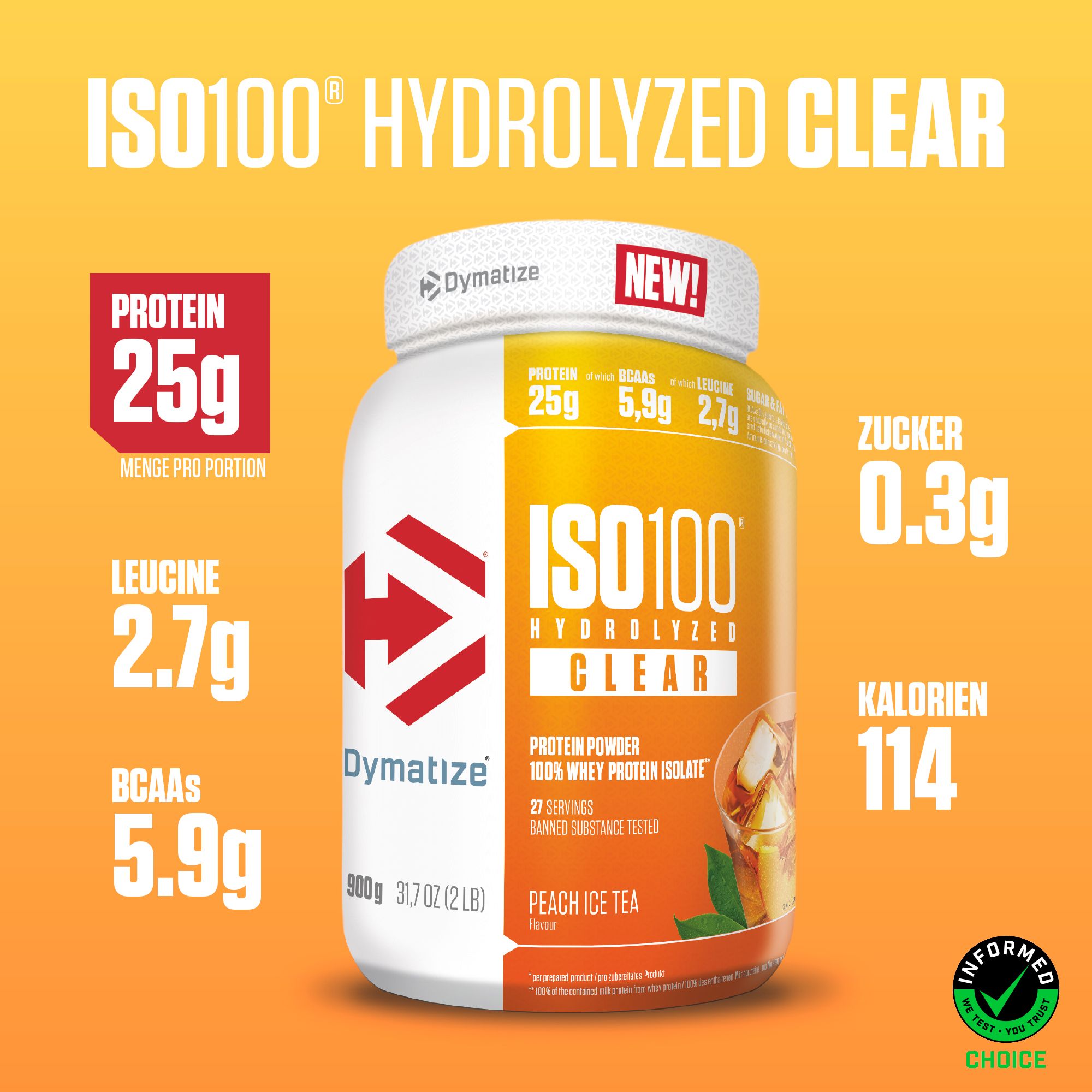 DYMATIZE Whey Protein Pulver Shake ISO 100 Hydrolyzed Clear Peach Ice Tea