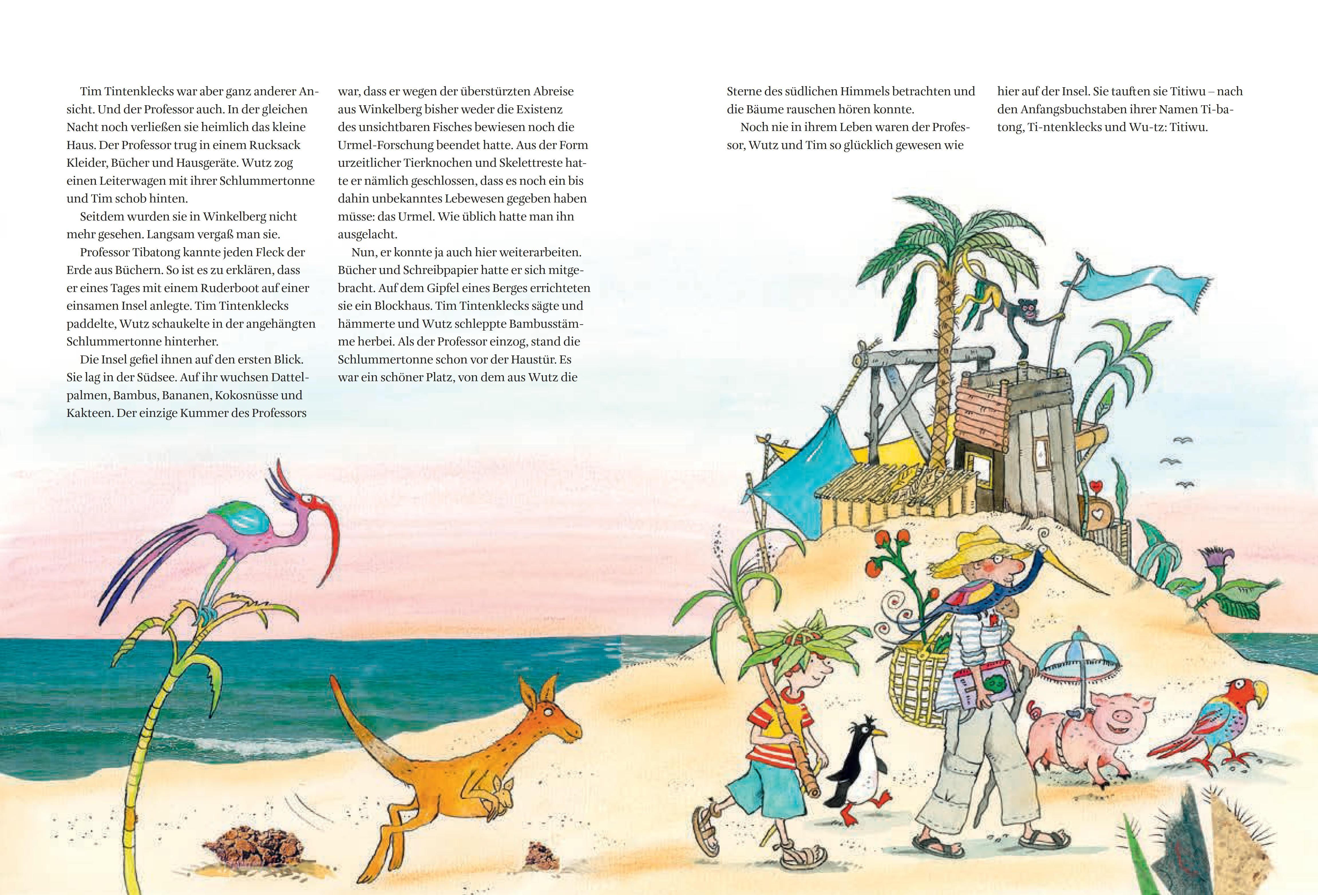 Buchseite mit Illustrationen. Szene am Strand mit Figuren, Palmen und einem Boot. Text in deutscher Sprache.