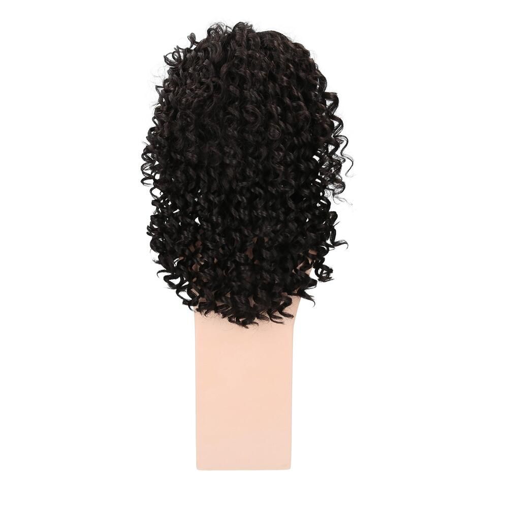 Perücke Maileen von trendhair, lockig, schwarz, auf einer Büste. Rückansicht.