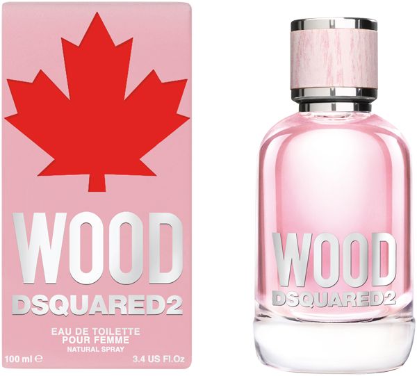 Rosa Verpackung und Parfümflasche. Aufschrift WOOD DSQUARED2. Rotes Ahornblatt. Rosa Deckel mit Holzoptik.