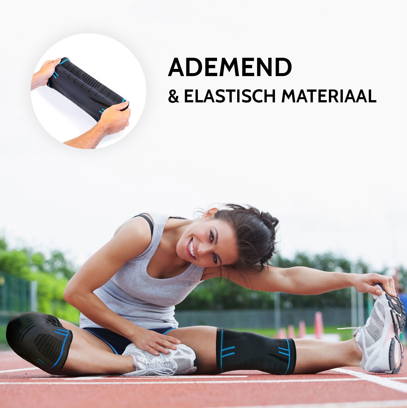 Vrouw die zich uitrekt, kniebeschermer. Tekst: ADEMEND & ELASTISCH MATERIAAL.