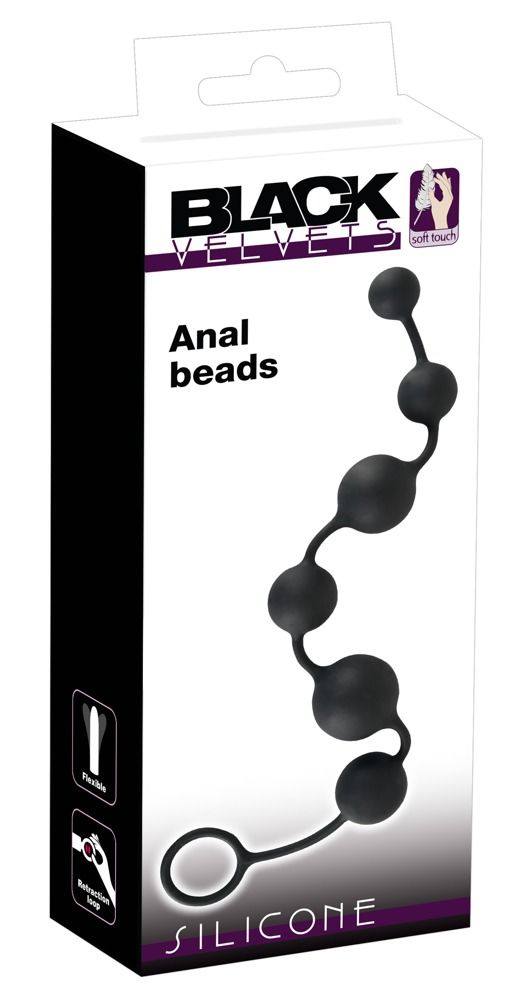 Verpackung mit schwarzer Kugelkette. Produktname 'Black Velvets' und 'Anal beads'.