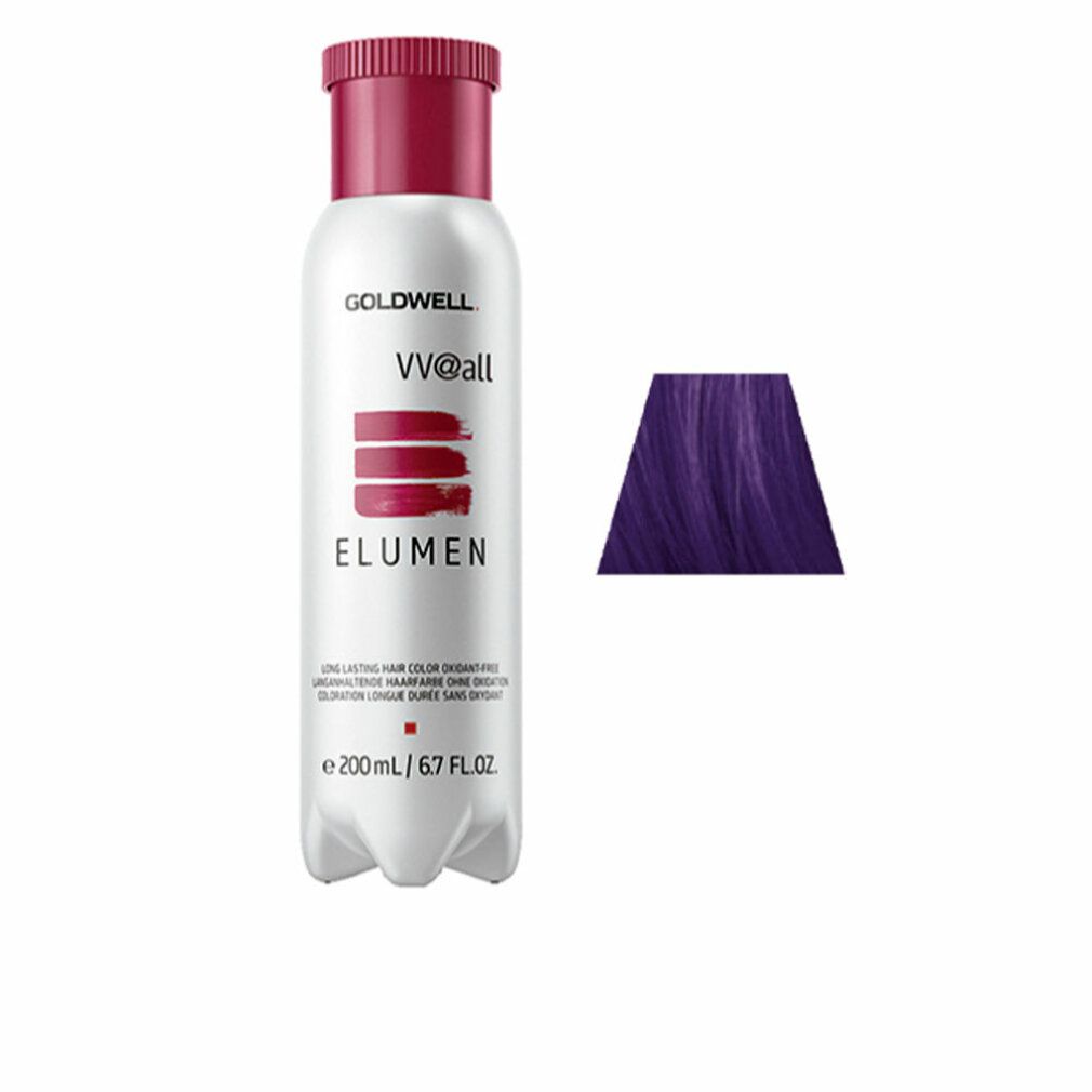 Goldwell Elumen vv@all. Flasche mit lila Haarfarbe und Farbmuster. Produktname und Volumenangabe sichtbar.