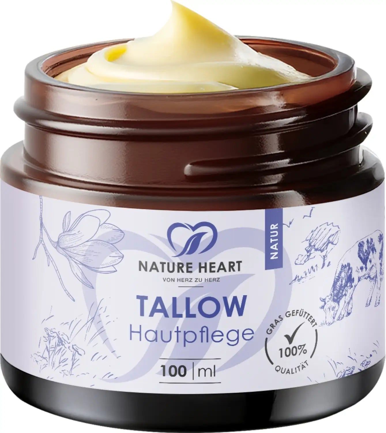 Braunes Glas mit gelblicher Creme. Aufschrift: Tallow Hautpflege, Natur, 100% Qualität. Logo: Herz mit Blättern.