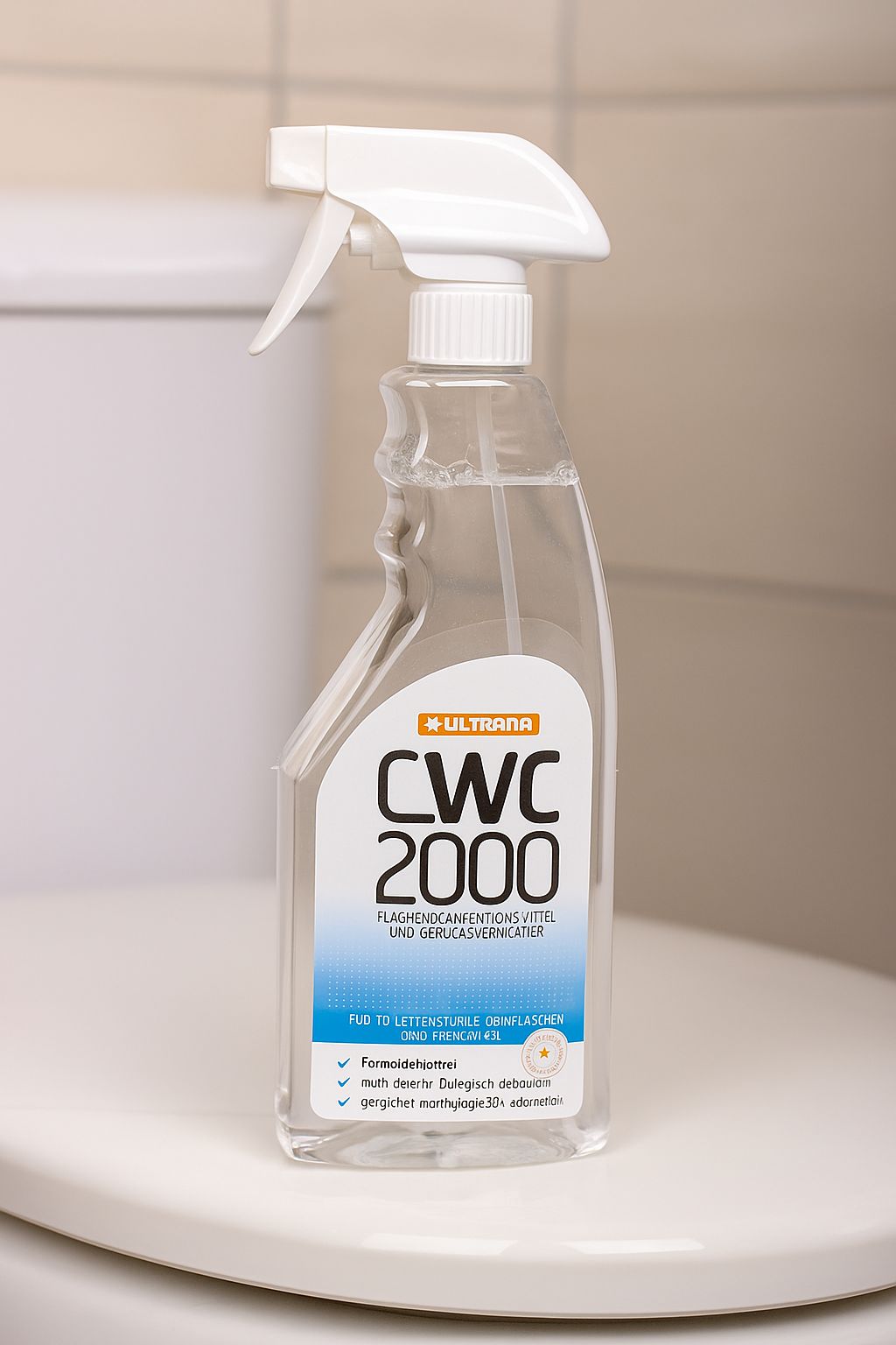Transparente Sprühflasche mit weißem Sprühkopf. Aufkleber mit "ULTRANA CWC 2000" und Text. Auf einer Toilette platziert.
