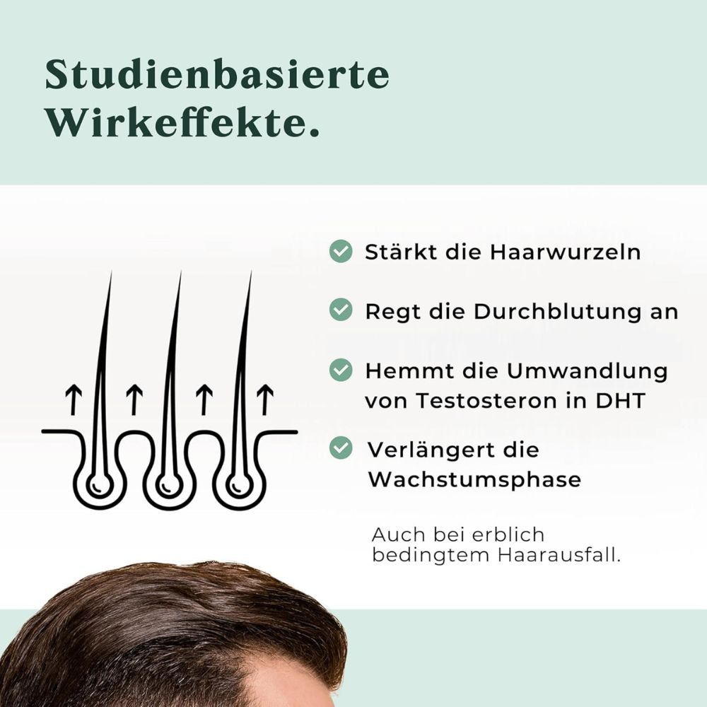 Grafische Darstellung von Haarfollikeln. Text: Stärkt die Haarwurzeln, Regt die Durchblutung an, Hemmt die Umwandlung von Testosteron in DHT.