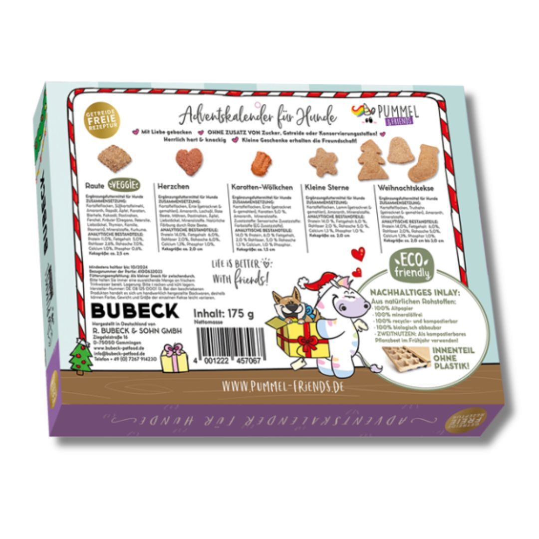 Rückseite des Adventskalenders. Enthält Informationen zu Inhaltsstoffen und Nährwerten. Logo: BUBECK. Text: "Adventskalender für Hunde". Mit "Eco-friendly"-Logo.