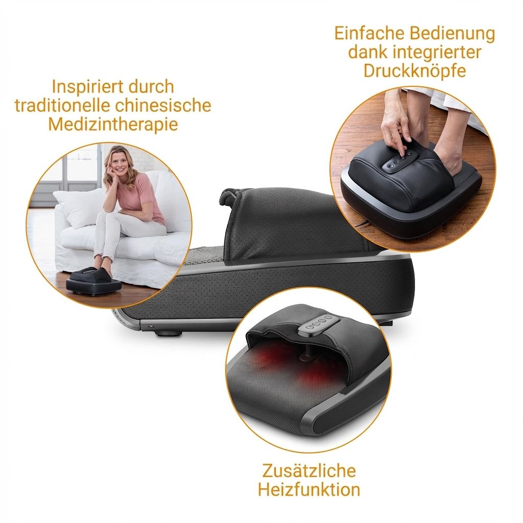 Fußmassagegerät mit Hervorhebung der intensiven Reflexzonenmassage und 2-in-1-Funktion.