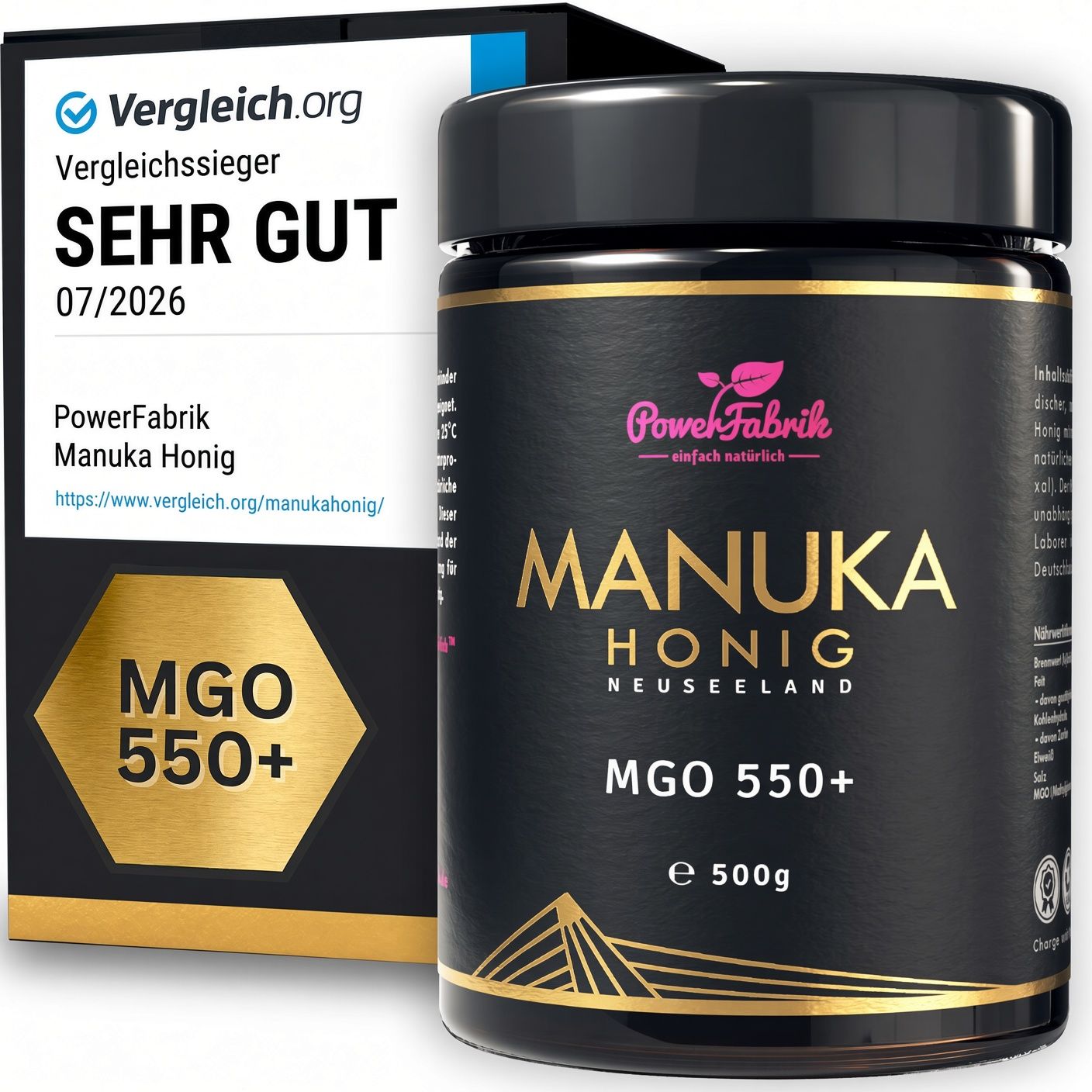 PowerFabrik Manuka Honig MGO 550+ in schwarzer Dose, daneben eine Box mit Siegel.