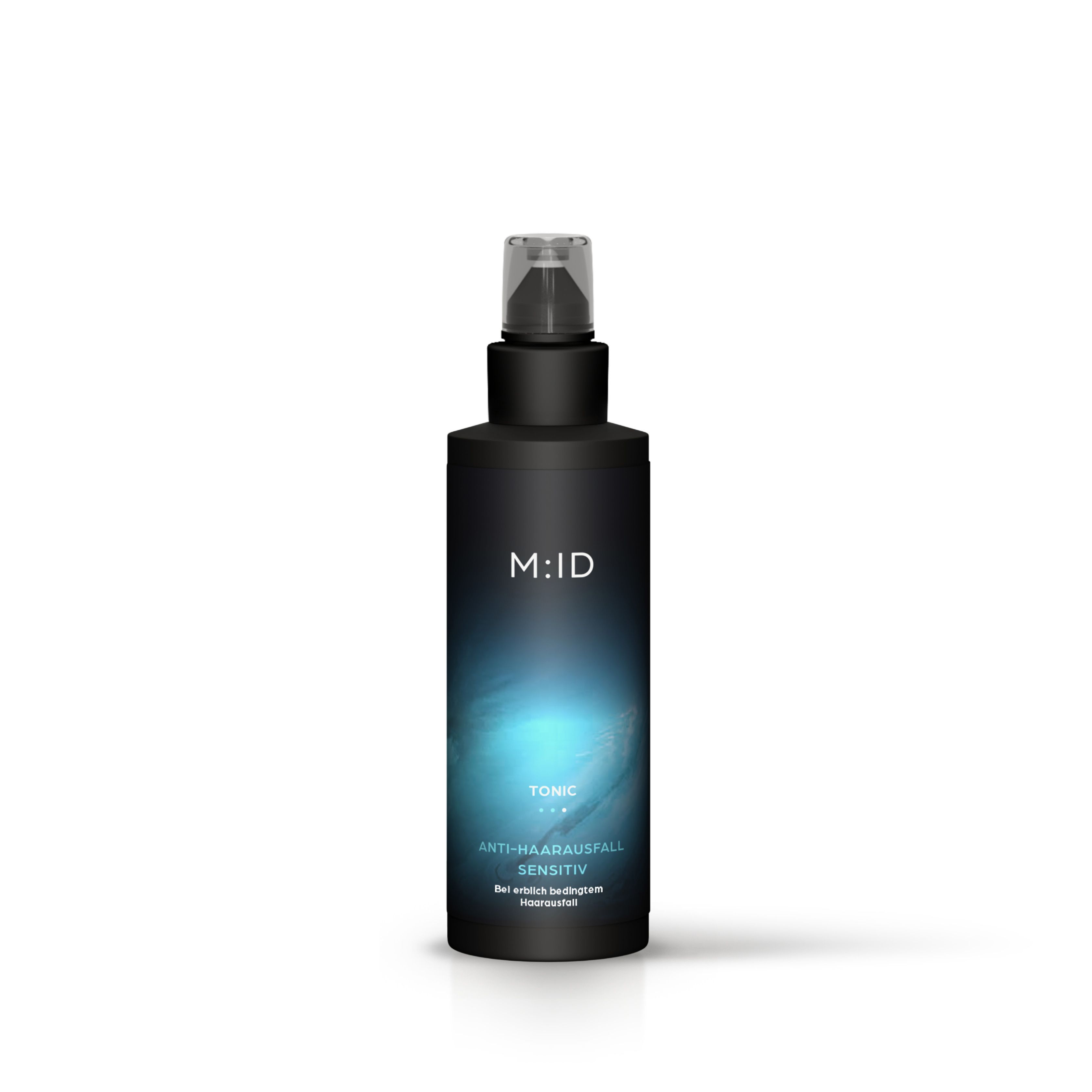 Schwarze Flasche mit Sprühkopf. Aufschrift: M:ID, Tonic, Anti-Haarausfall Sensitiv.