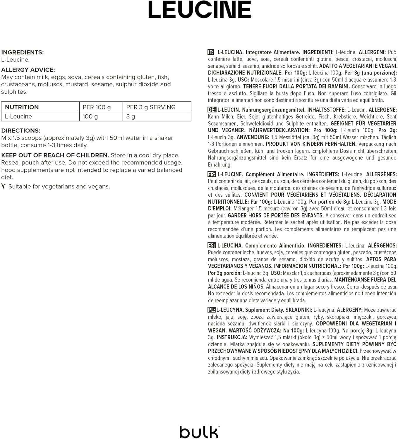 Textseite mit Informationen zu L-Leucin. Enthält Zutaten, Allergiehinweise, Nährwertangaben und Anwendungshinweise. "bulk" Logo unten.