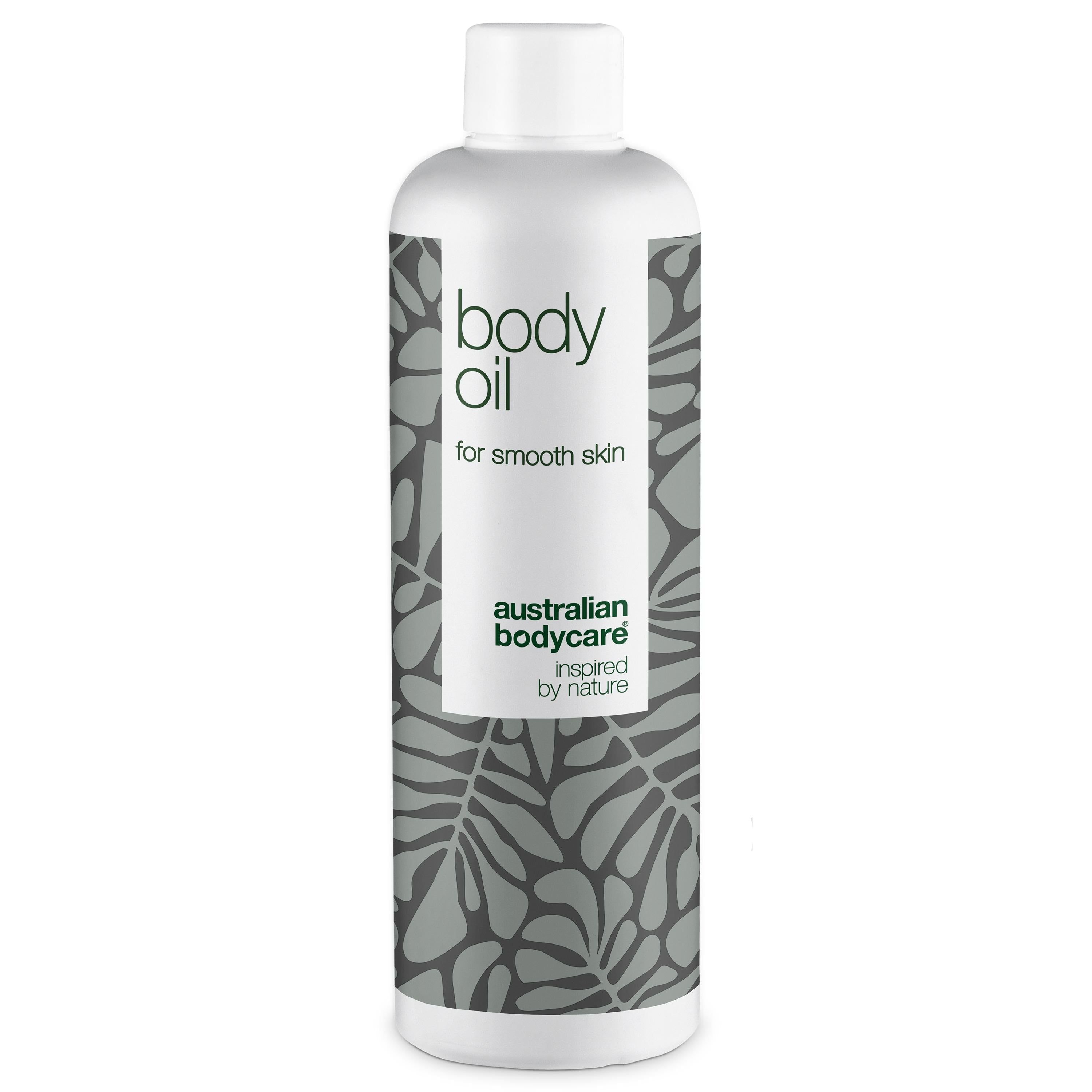 Weiße Flasche mit „body oil“ und „australian bodycare“ Aufdruck. Graues Blattmuster. Weißer Deckel.