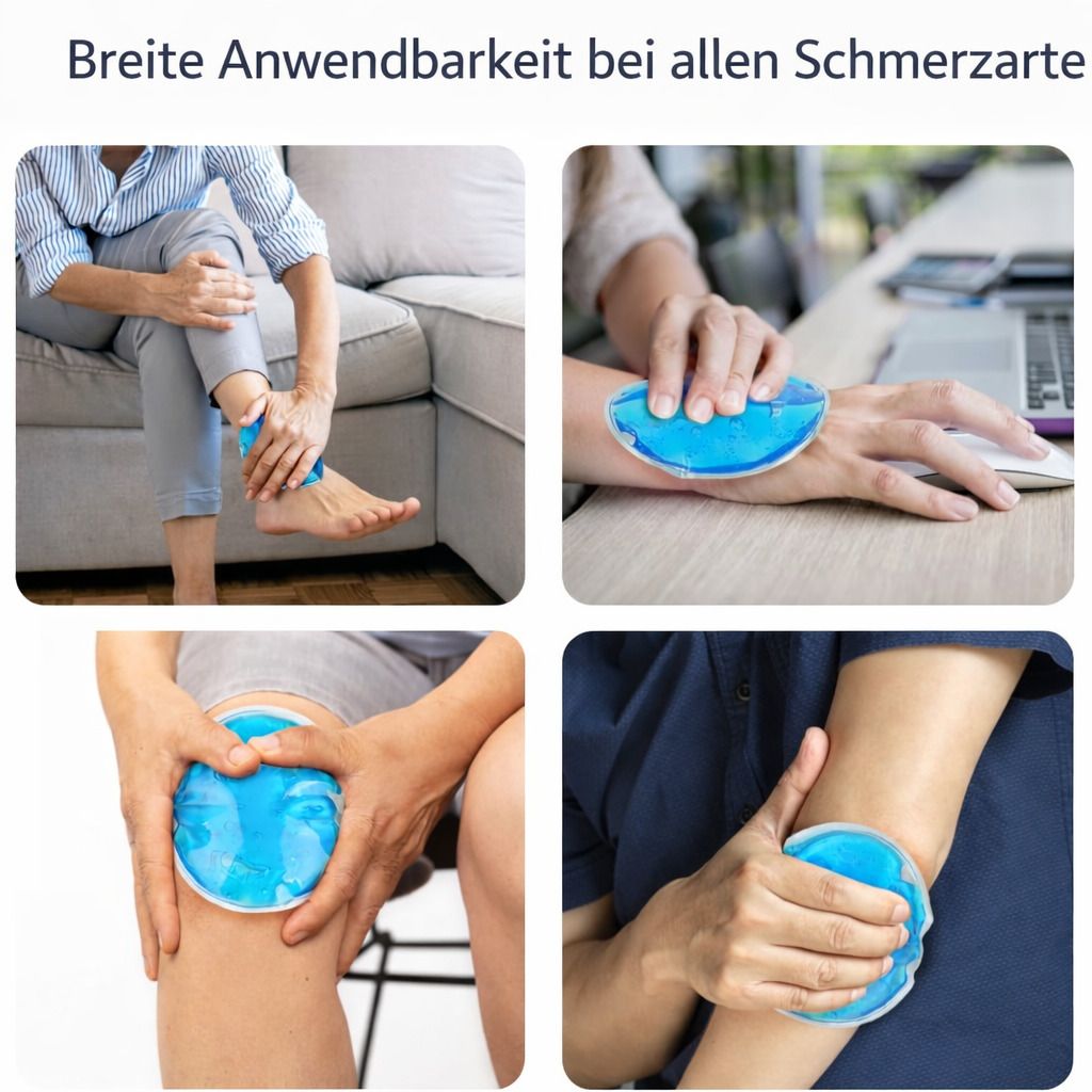 Vier Bilder zeigen die Anwendung von blauen Gel-Kompressen an verschiedenen Körperstellen: Bein, Handgelenk, Knie und Ellbogen.