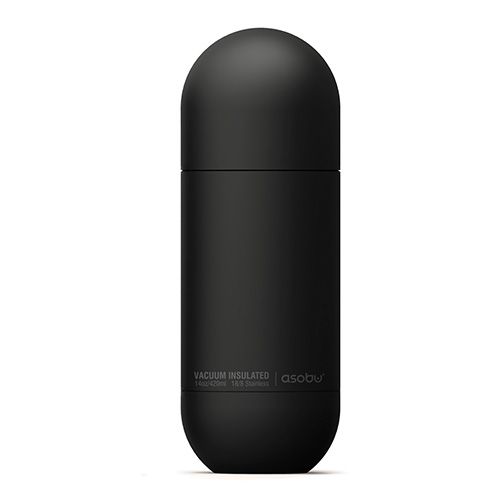 Schwarze Trinkflasche mit abgerundeter Form. Aufschrift: "VACUUM INSULATED" und "Asobu".
