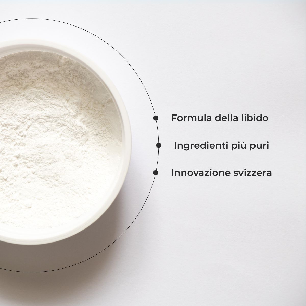 Polvere bianca in un contenitore. Testo: Formula della libido, Ingredienti più puri, Innovazione svizzera.