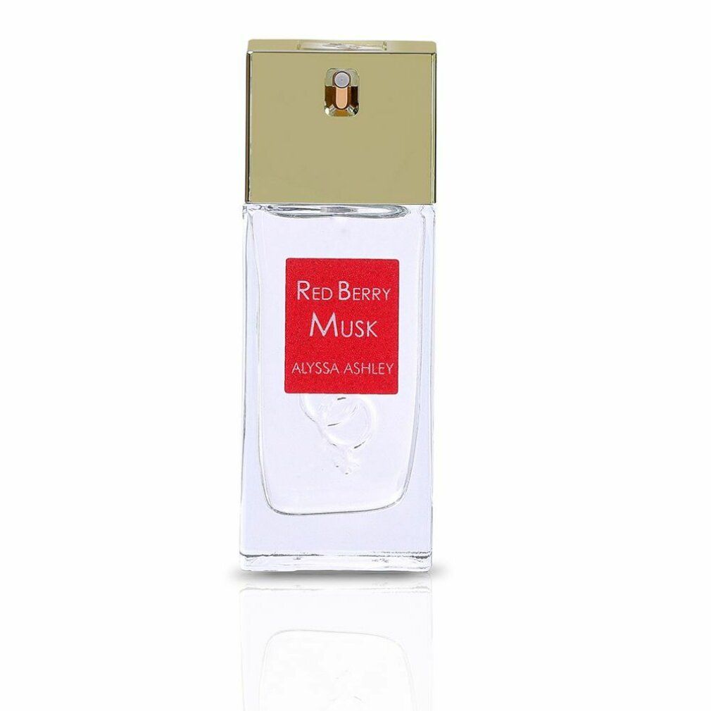Flacone di profumo con etichetta rossa. Scritta: Red Berry Musk, Alyssa Ashley. Tappo dorato.