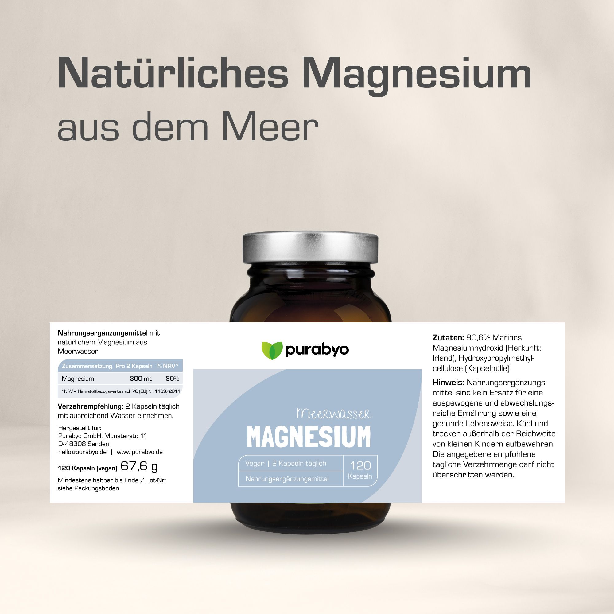 Produktetikett mit Informationen zu "Purabyo Magnesium". Inhaltsstoffe, Dosierung und Hinweise.