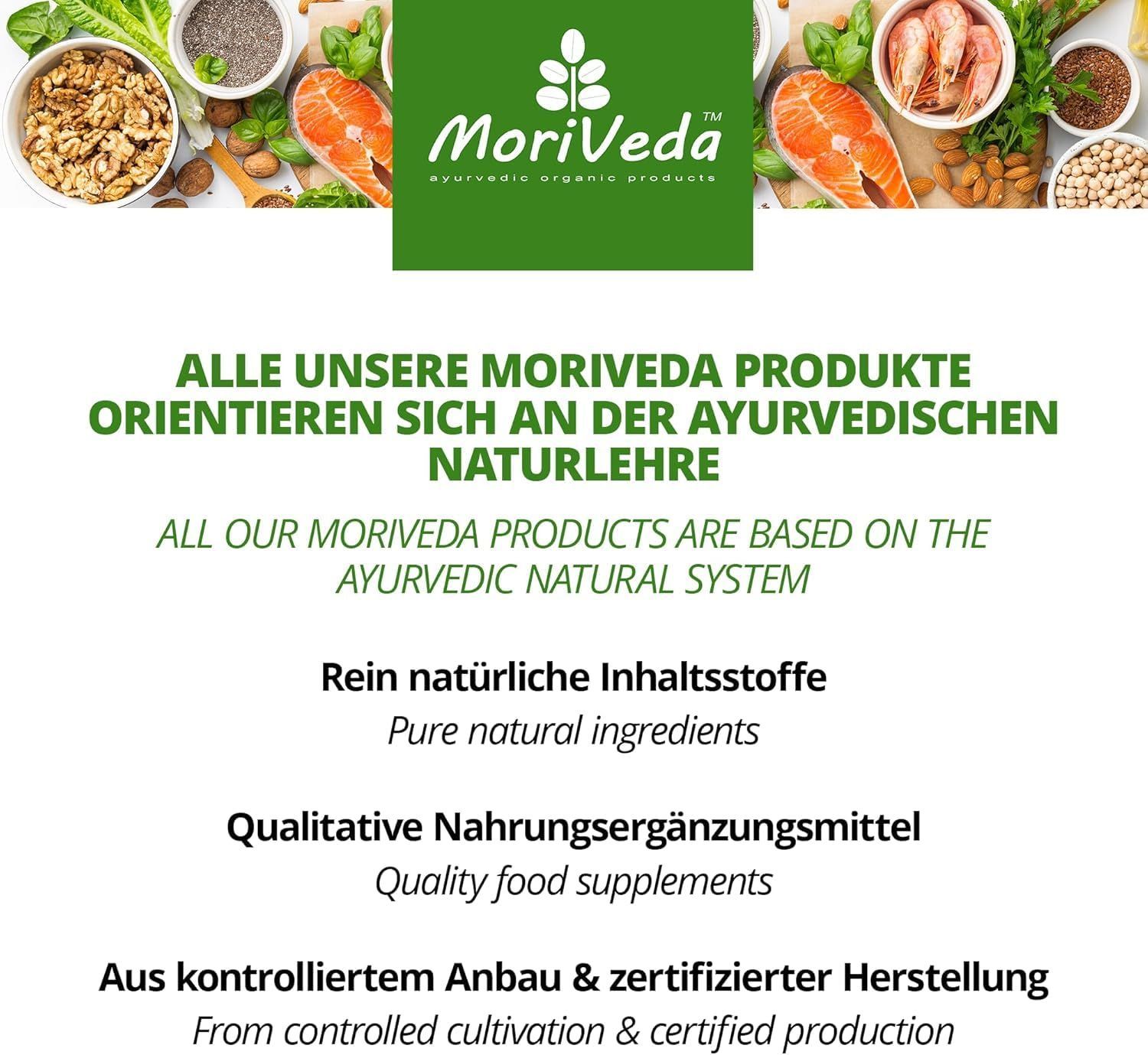 Text auf weißem Hintergrund. Überschrift: Alle unsere Moriveda Produkte... Text über ayurvedische Naturlehre und Inhaltsstoffe.