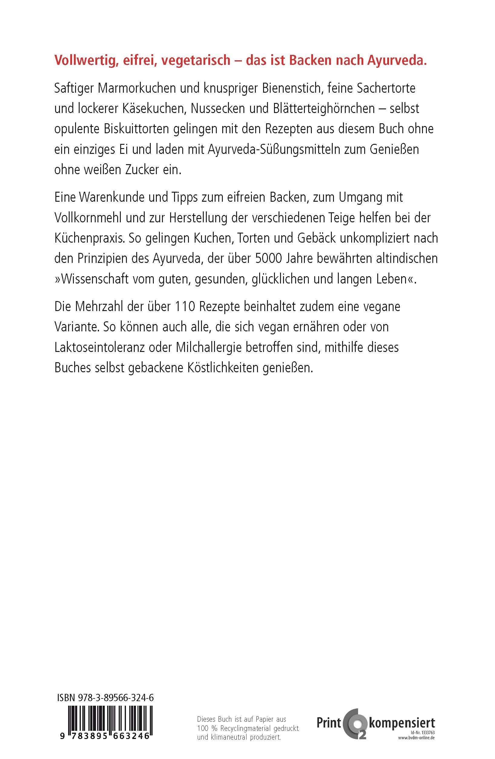 Rückseite des Buches "Backen nach Ayurveda". Text über vegane Rezepte, Inhaltsangabe und ISBN-Nummer.