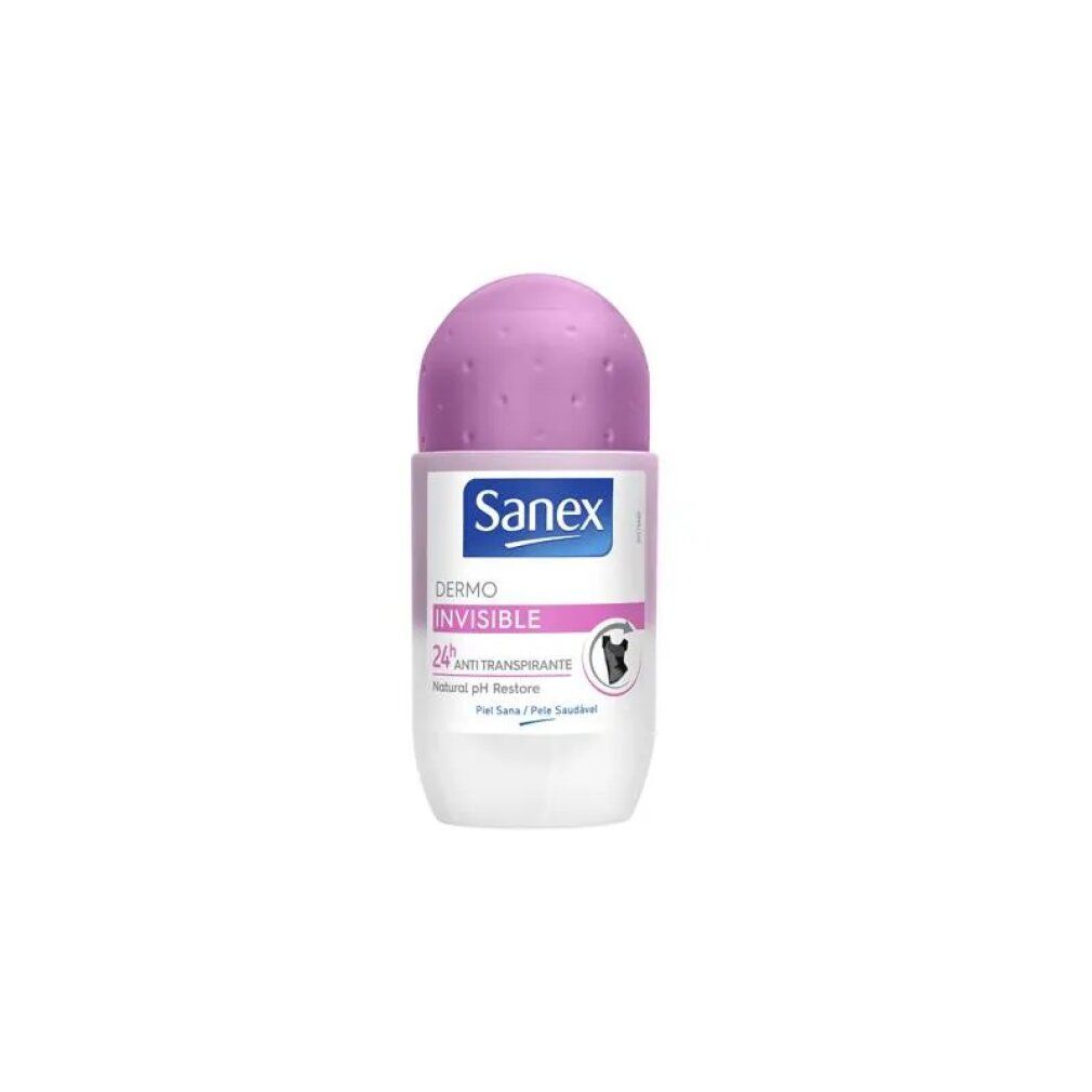 Roll-on-Deodorant mit rosa Kappe. Aufschrift Sanex, Dermo Invisible. 24h Anti-Transpirant. Für sensible Haut.
