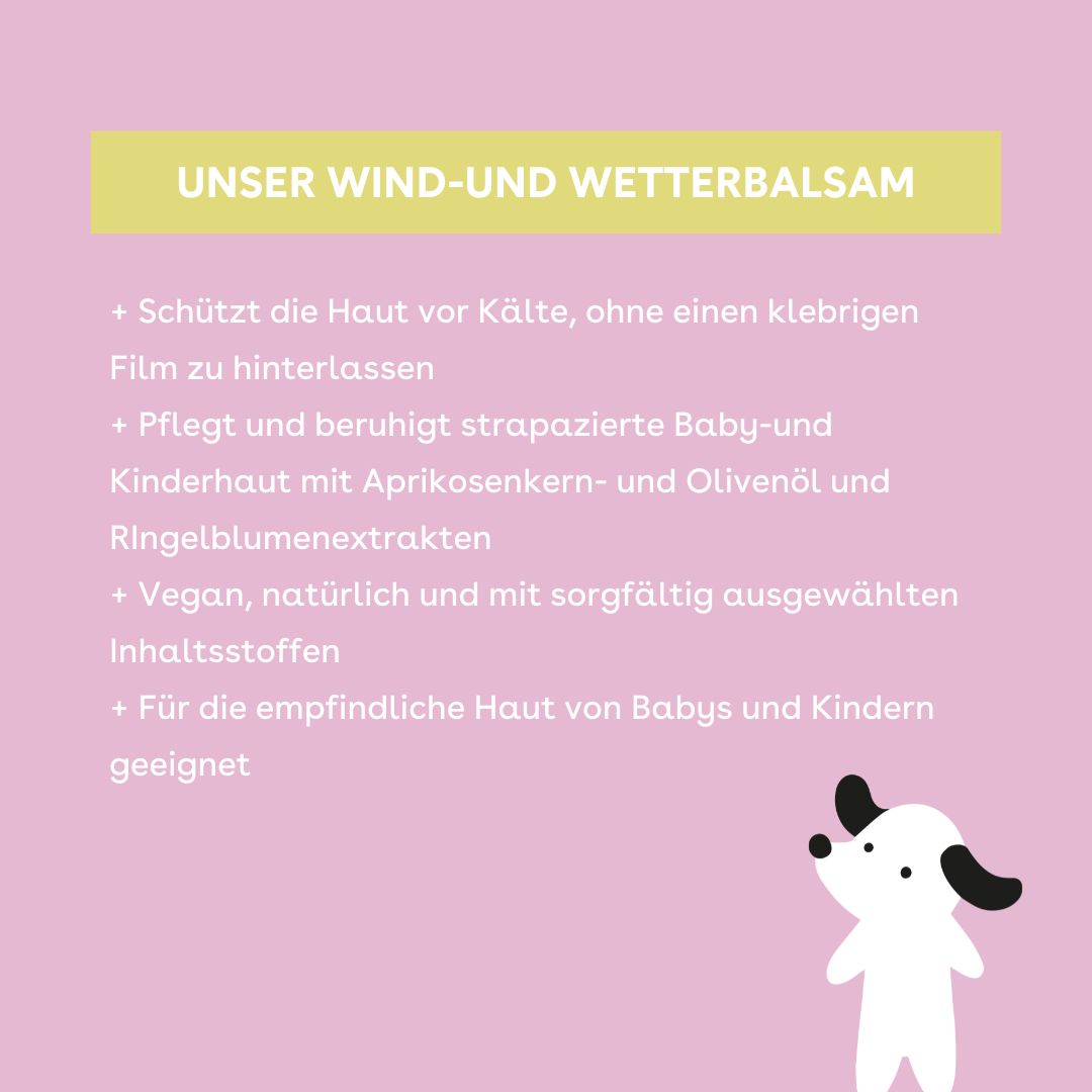 Rückseite einer gelben Tube mit Text über Wind- und Wetterbalsam, Baby- und Kinderhaut, vegan und natürlich.