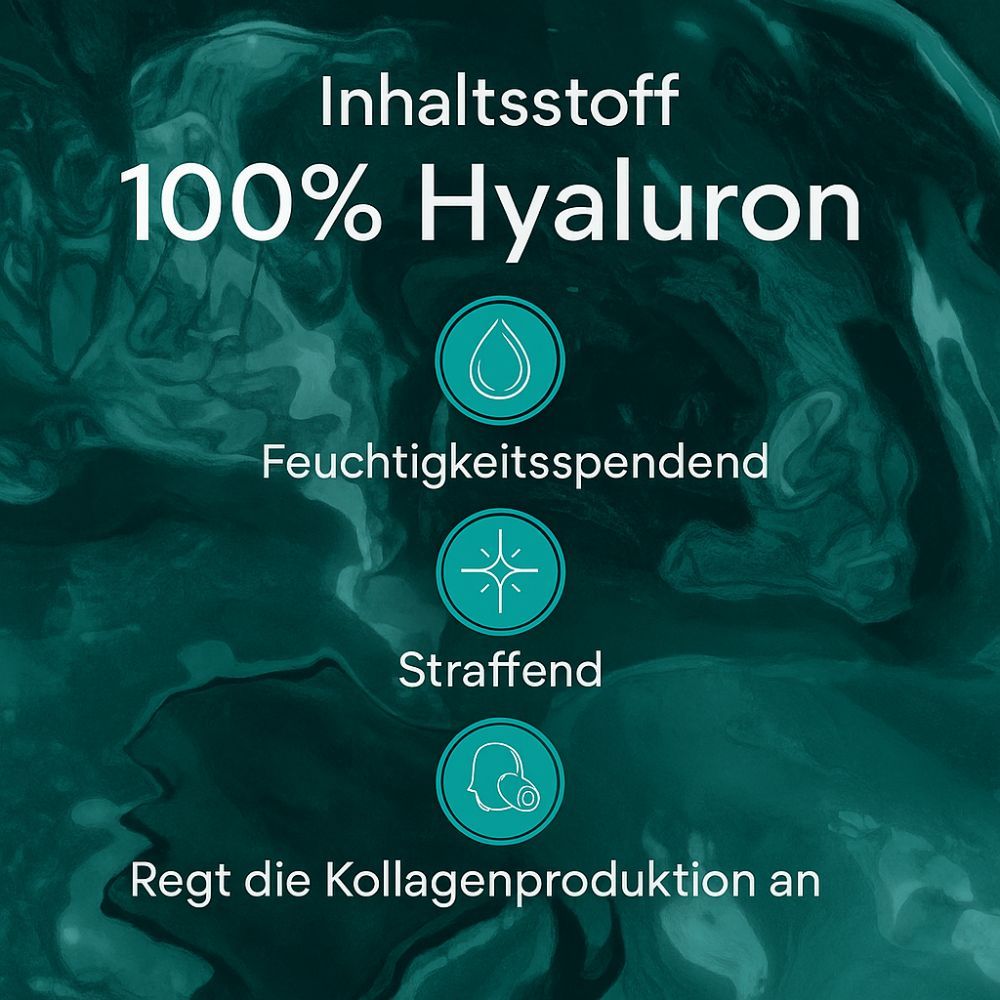 Grafik mit "100% Hyaluron". Icons für feuchtigkeitsspendend, straffend und Anregung der Kollagenproduktion.