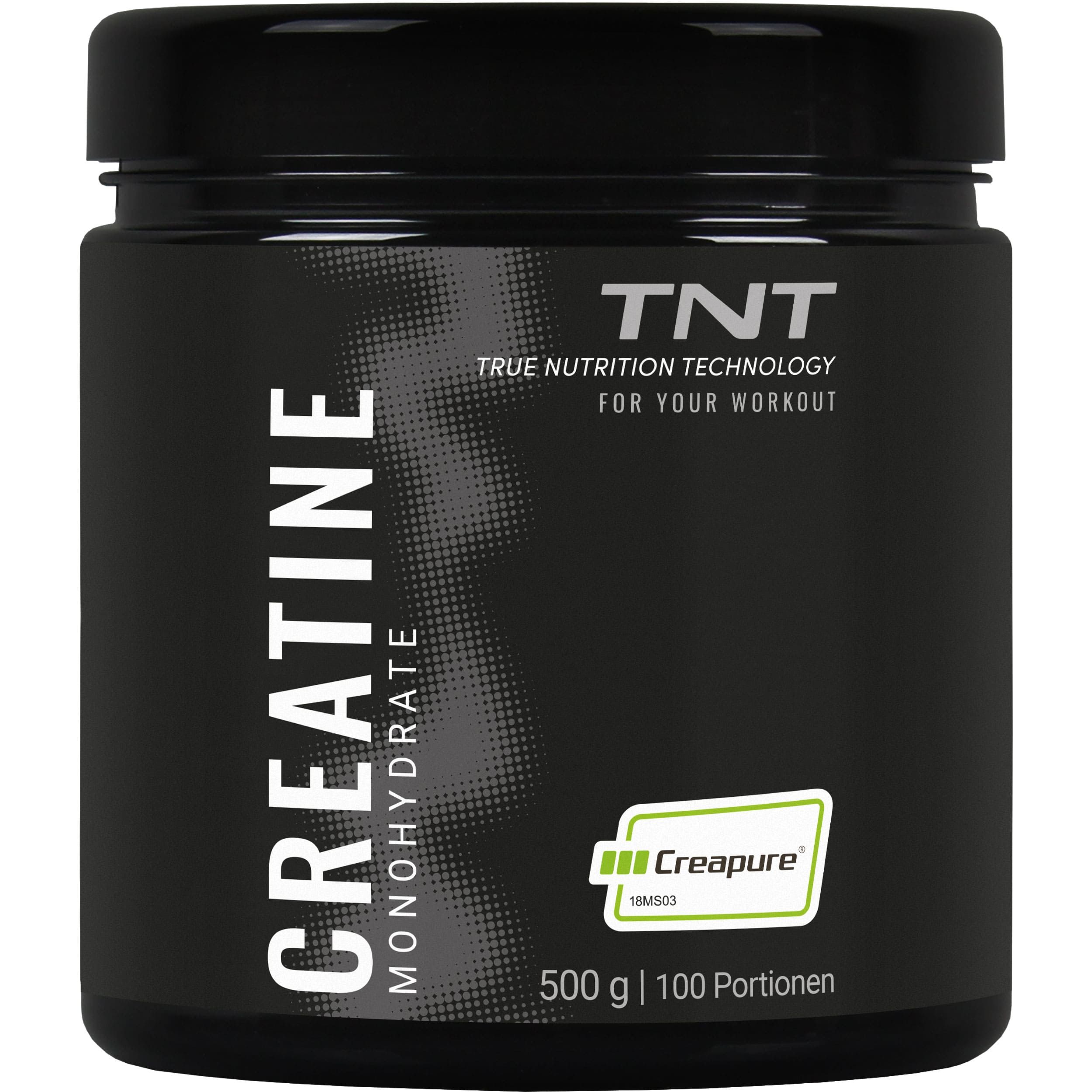 Schwarze Dose TNT Creatine Monohydrate Creapure®. 500g, 100 Portionen. Weißer Schriftzug "Creatine Monohydrate".