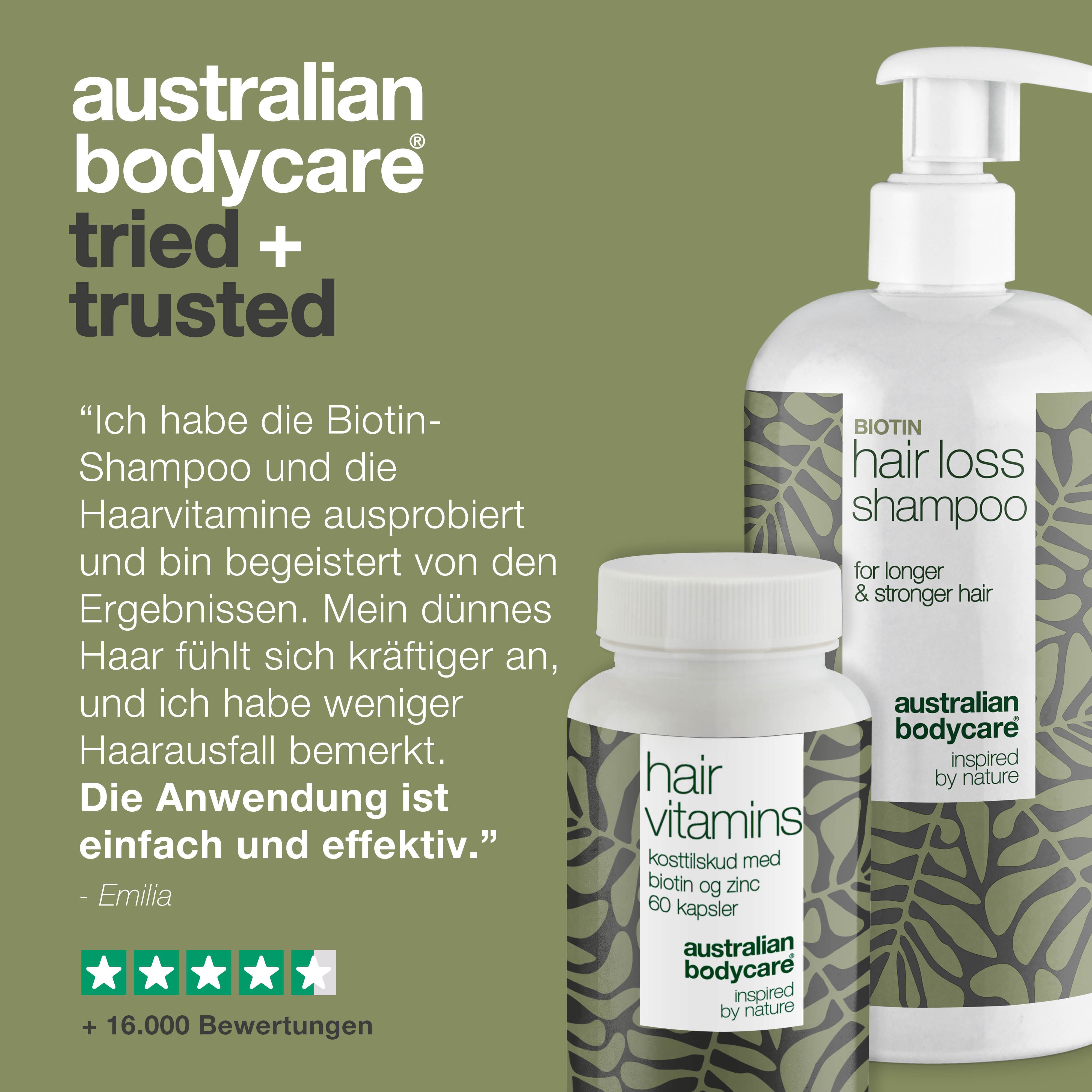Shampoo- und Vitamin-Flaschen. Text: Hair Loss Shampoo, Hair Vitamins. Marke: Australian Bodycare. Zitat und Sterne.
