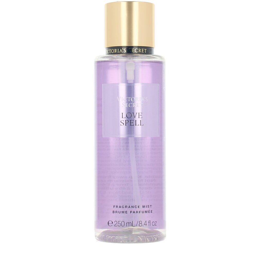 Victoria's Secret Love Spell Körpernebel, 250 ml / 8.4 fl oz, in transparenter Flasche mit goldenem Verschluss.