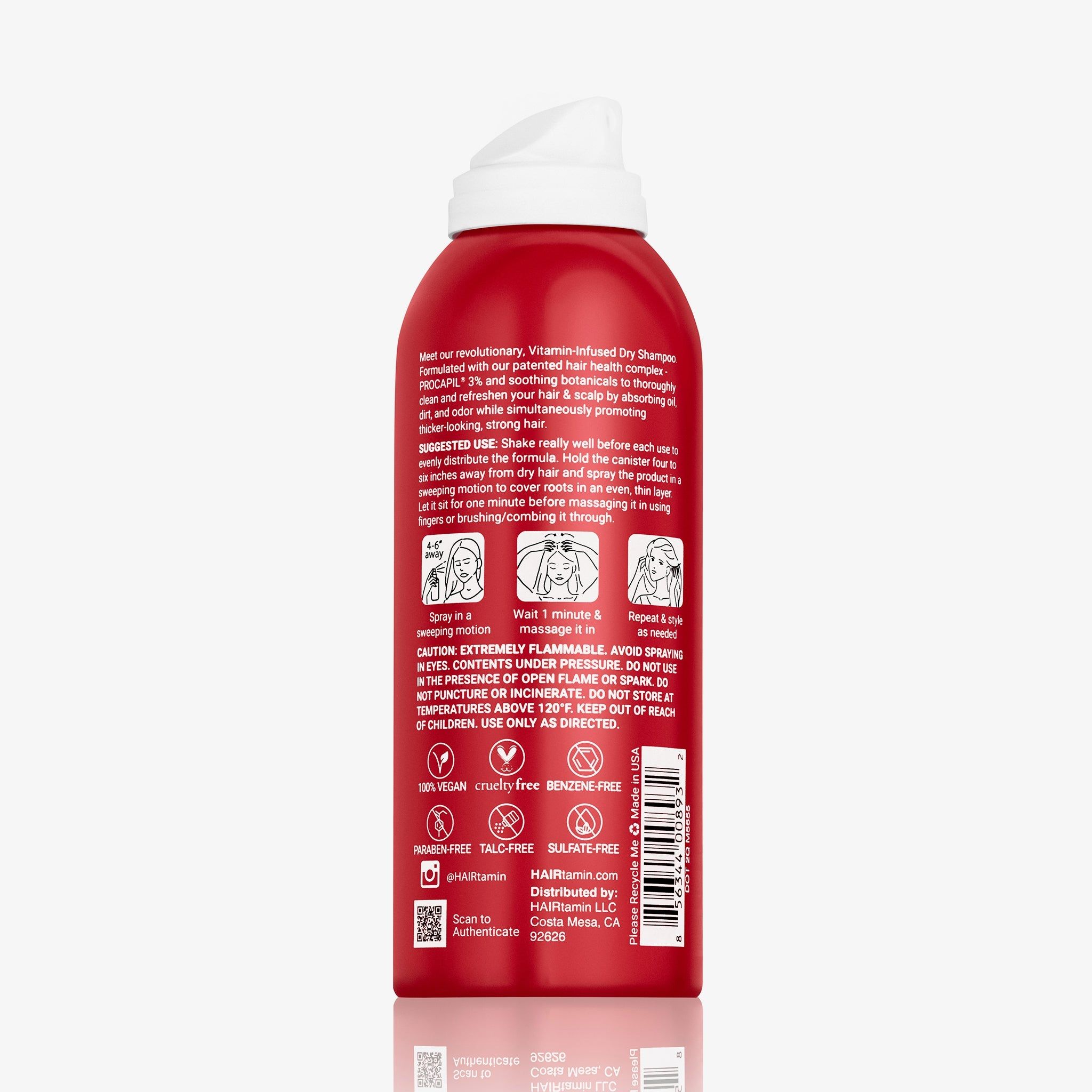 Rote Sprühflasche mit weißem Deckel. Enthält HAIRtamin Vitamin-Infused Dry Shampoo. Anwendungshinweise und Vorsichtshinweise.
