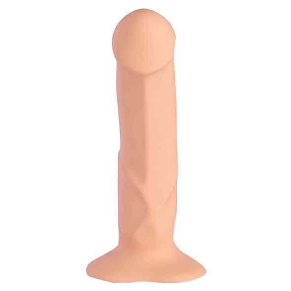 Beigefarbener Dildo mit gerader Form. Basis und Spitze sind erkennbar.