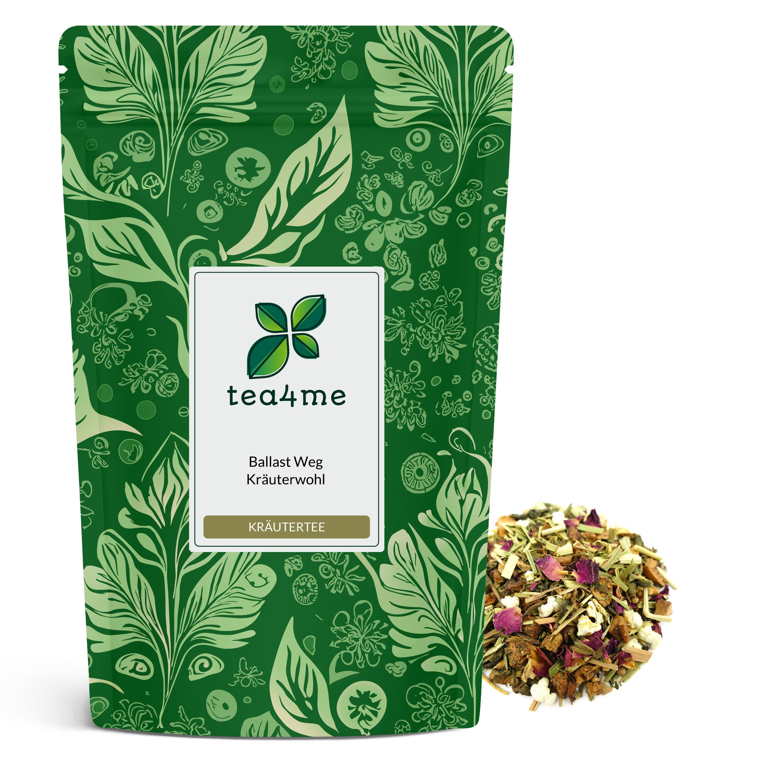 Grüner Beutel mit Kräutertee. Logo: tea4me. Text: Ballast Weg Kräuterwohl Kräutertee mit Ingwer-Zitrone-Geschmack. Daneben Tee-Mischung.