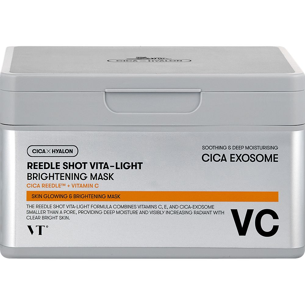 VT Reedle Shot Vita-Light Brightening Mask mit Cica Exosome, Vitamin C. Silberner Behälter mit Aufdruck.