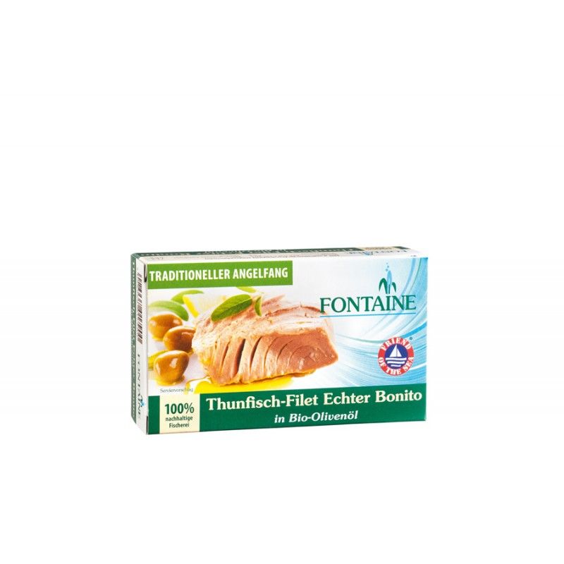 Verpackung von Fontaine Thunfisch-Filet Echter Bonito in Bio-Olivenöl. Grün-weiße Schachtel mit Produktbild und Logo.