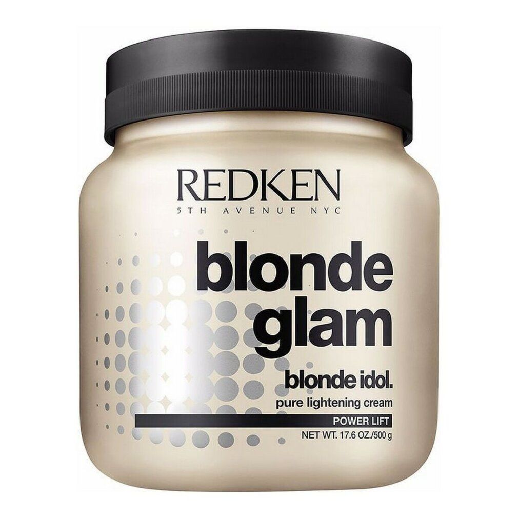 Beige Dose mit schwarzem Deckel. Aufschrift: REDKEN, blonde glam, blonde idol, pure lightening cream, Power Lift. Gewicht: 17.6 OZ/500g.