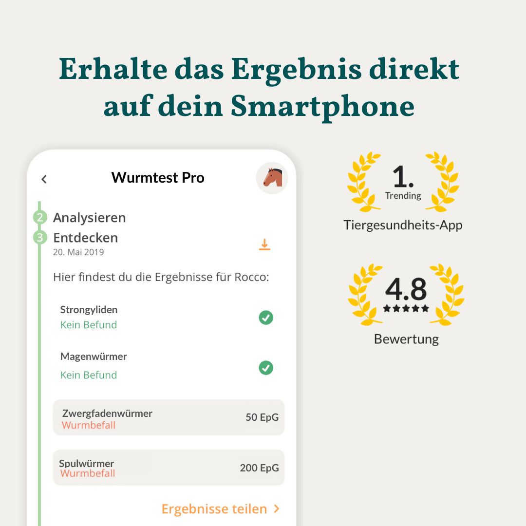 Smartphone-App zeigt Wurmtest-Ergebnisse für ein Pferd; Auszeichnungen für App-Beliebtheit und Bewertung.