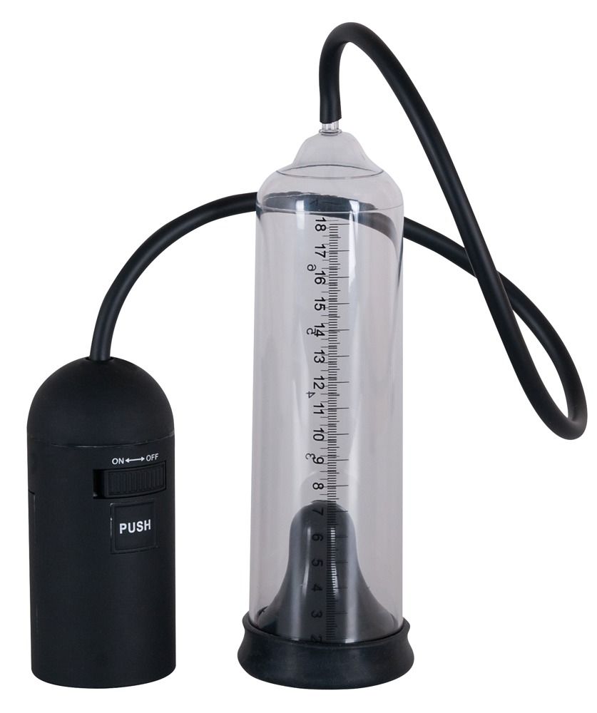 Zylinderförmige Pumpe mit schwarzem Schlauch und Bedienungsteil. Skala in cm. Schwarzer Sockel und Anschluss.
