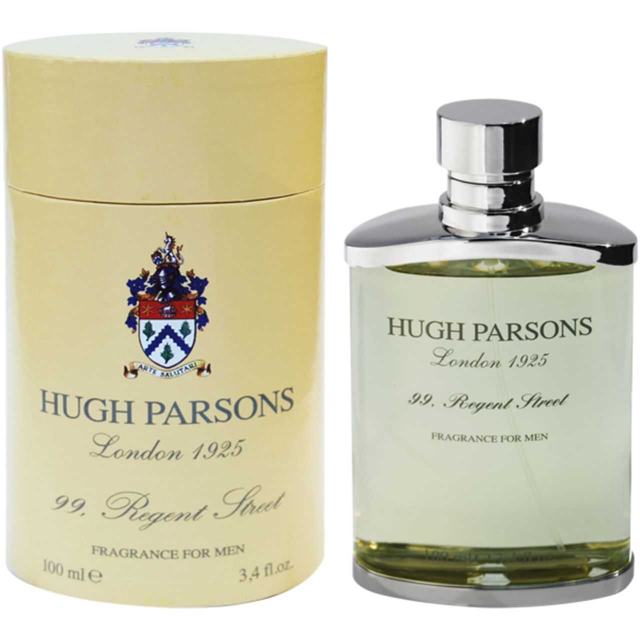 Flakon und Verpackung. Flakon mit silbernem Verschluss. Aufschrift: Hugh Parsons London 1925, 99. Regent Street, Fragrance for Men.