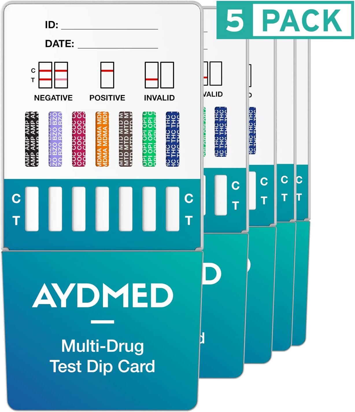 5er-Packung Drogentest-Dip-Karten. Aydmed-Marke. 7 Teststreifen. Ergebnisse: negativ, positiv, ungültig. Blaue und weiße Verpackung.