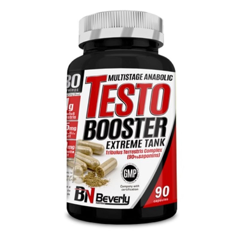 Schwarze Flasche mit "Testo Booster"-Etikett. Enthält Kapseln. "BN Beverly"-Logo und "GMP"-Siegel.