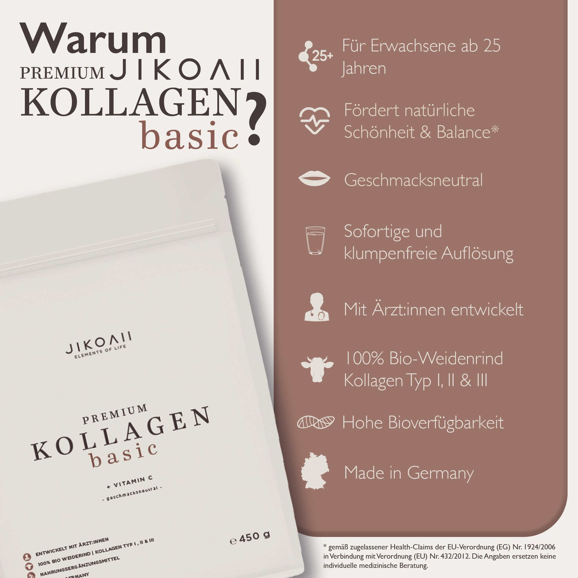 Werbung für JIKOAII Kollagen Pulver. Text: Warum PREMIUM KOLLAGEN basic? Vorteile: Schönheit, Geschmack, Auflösung, Bio-Weidenrind.