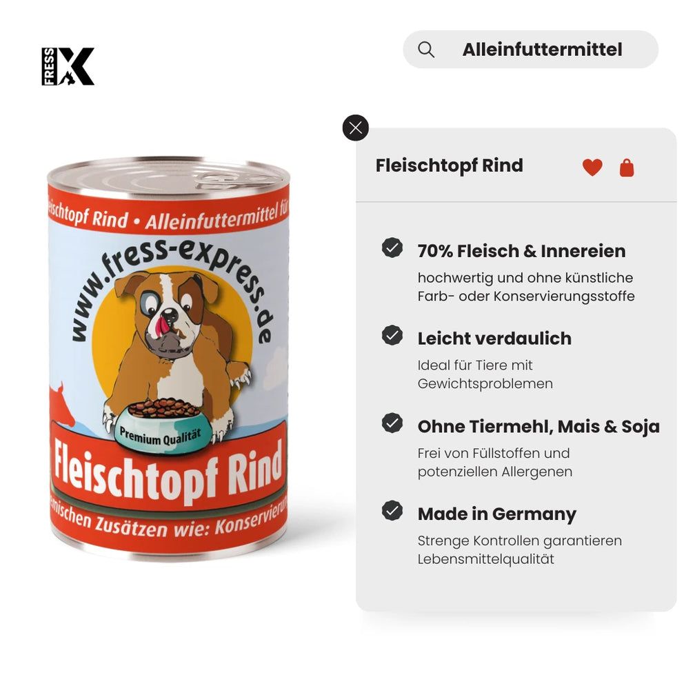 Fress-express Fleischtopf Rind Hundefutter in Dose. Produktinformationen: 70% Fleisch & Innereien, leicht verdaulich, ohne Getreide, Mais & Soja, Made in Germany.