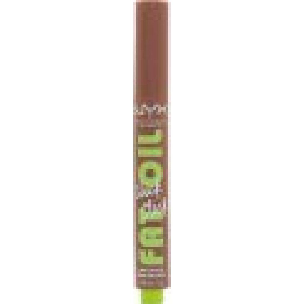 Lippenbalsam. Zylindrische Form, brauner Körper, grüne Basis. Aufschrift: FAT OIL slick click, NYX Professional Makeup.