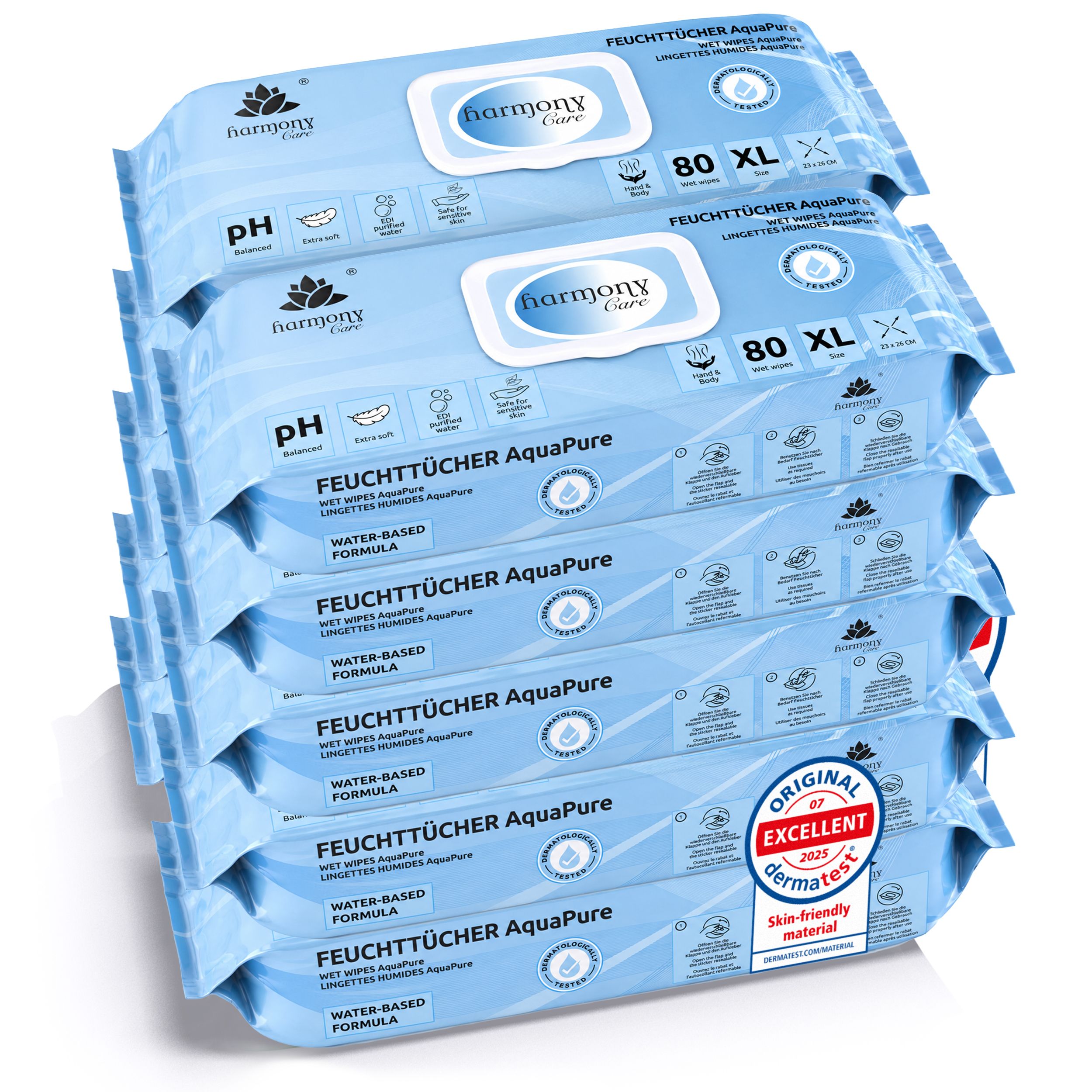 Stapel von 6 Harmony Care Feuchttüchern, 80 XL pro Packung, blaue Verpackung mit pH- und Dermatest-Siegel.