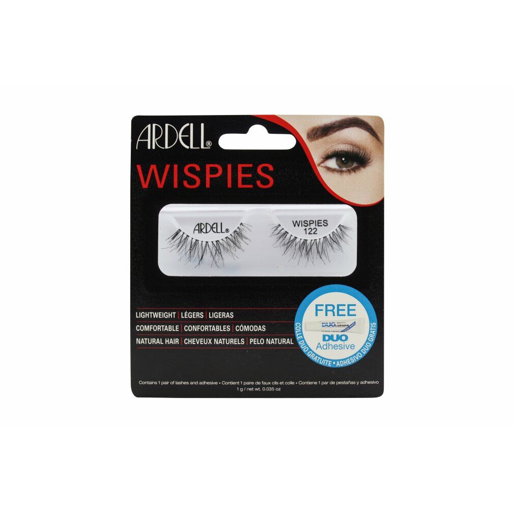 Ardell Wispies 122 Black. Schwarze falsche Wimpern in Verpackung. Enthält Kleber. Marke und Produktbezeichnung deutlich sichtbar.
