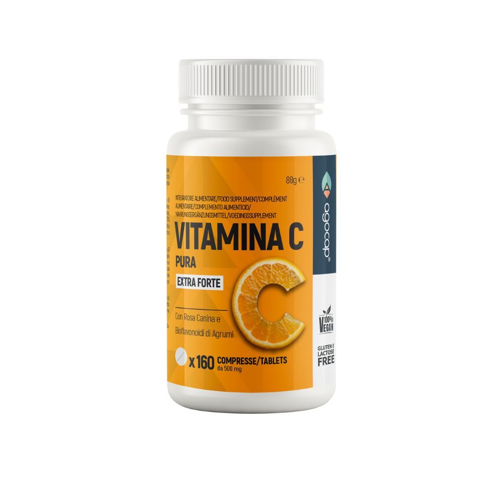 Weiße Flasche mit Vitamin C-Tabletten. Aufschrift: Vitamin C Pura Extra Forte. 160 Tabletten. Vegan und glutenfrei.