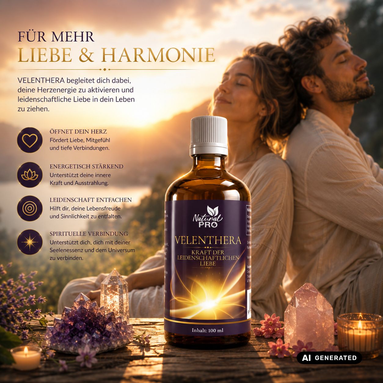 Braune Glasflasche mit weißem Schraubverschluss, gefüllt mit goldener Flüssigkeit. Das Etikett zeigt den Produktnamen und die Aufschrift "Kraft der leidenschaftlichen Liebe".